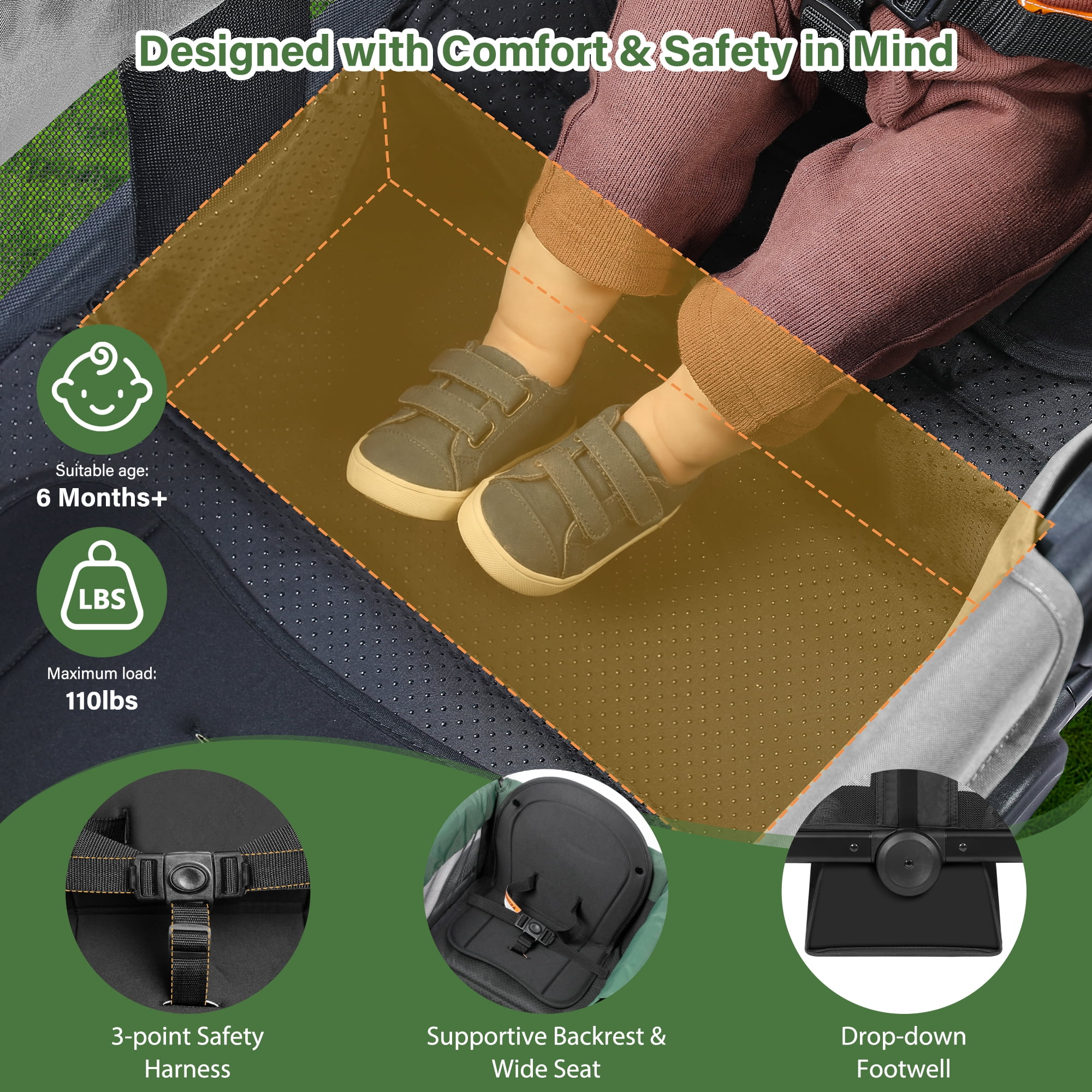 Bobiber Collapsible Wagon Stroller 2 Seater with 3-Point Harnesses, Canopy, Storage Bag, Adjustable Handlebar, 2 Cup Holders, Gray