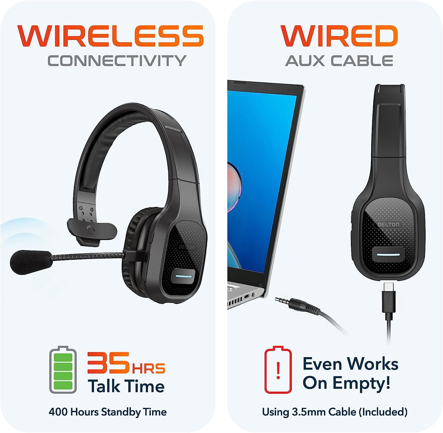 Delton 20X Wireless Headset with 1080p HD USB Webcam, Trucker Bluetooth Computer headset with Noise Canceling Mic, Compatible with PC, Laptop, Cell Phone, Drivers, Office - Black