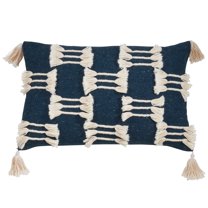 Fennco Styles Trios Ligens Collection Bohemian Cord Appliqué Frayed Tasseled 100% Cotton 14 x 23 Inch Throw Pillow Case – Navy Blue