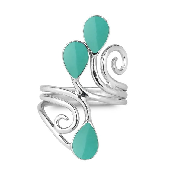 Floral Vine Ornate Teardrop Green Turquoise Sterling Silver Ring-7