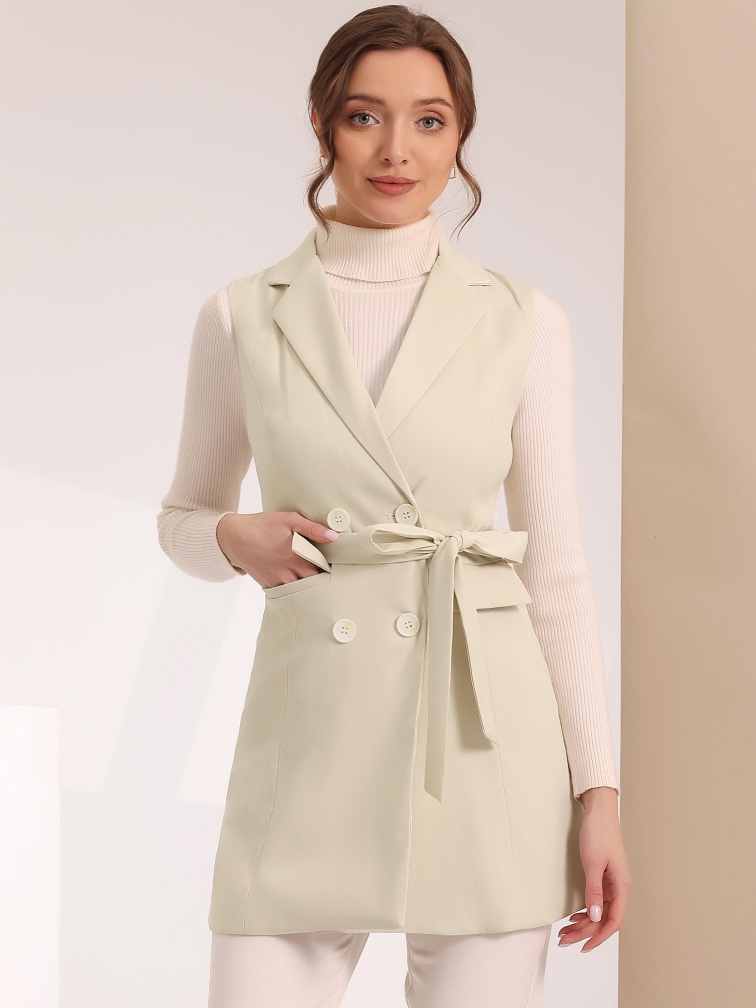 DARING DIVA Women's Lapel Collar Trench Vest Double Breast Long Blazer S Apricot