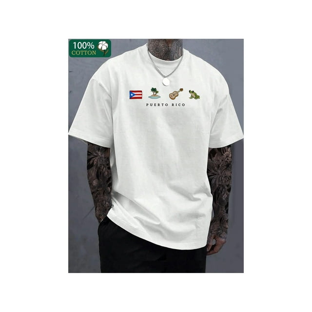 Men's Puerto Rico-Themed Cotton T-Shirt | 100% Cotton, Breathable & Comfortable | Bohemian Style with Cultural Symbols Print | Round Neck, Short Sleeve | ideal for all Seasons | Perfect Gift for