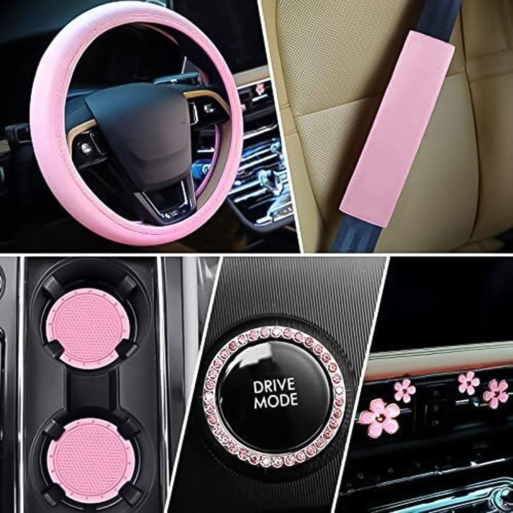 For Most Cars Feminine Car Decor Car Accessories Set Car Interior Decoration Pink Stylish Steering Wheel Cover