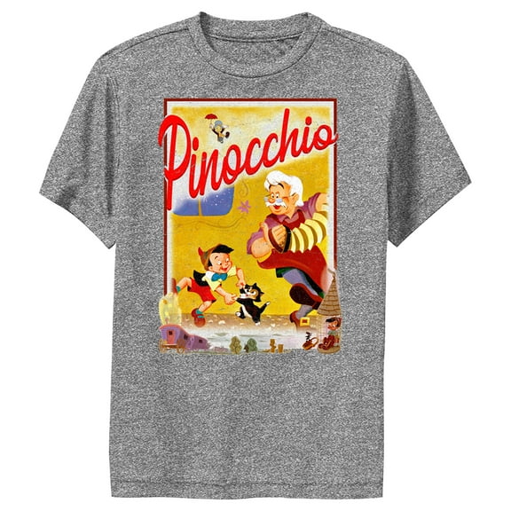Boy's Pinocchio Retro Storybook Cover Performance Graphic Tee Charcoal Heather Large