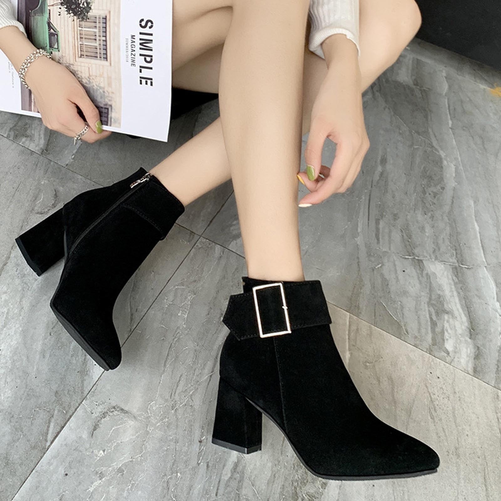 Homadles Women s Middle Ankle Boots on Sale High Heel Platform Casual Round Toe Boots Black Size 6