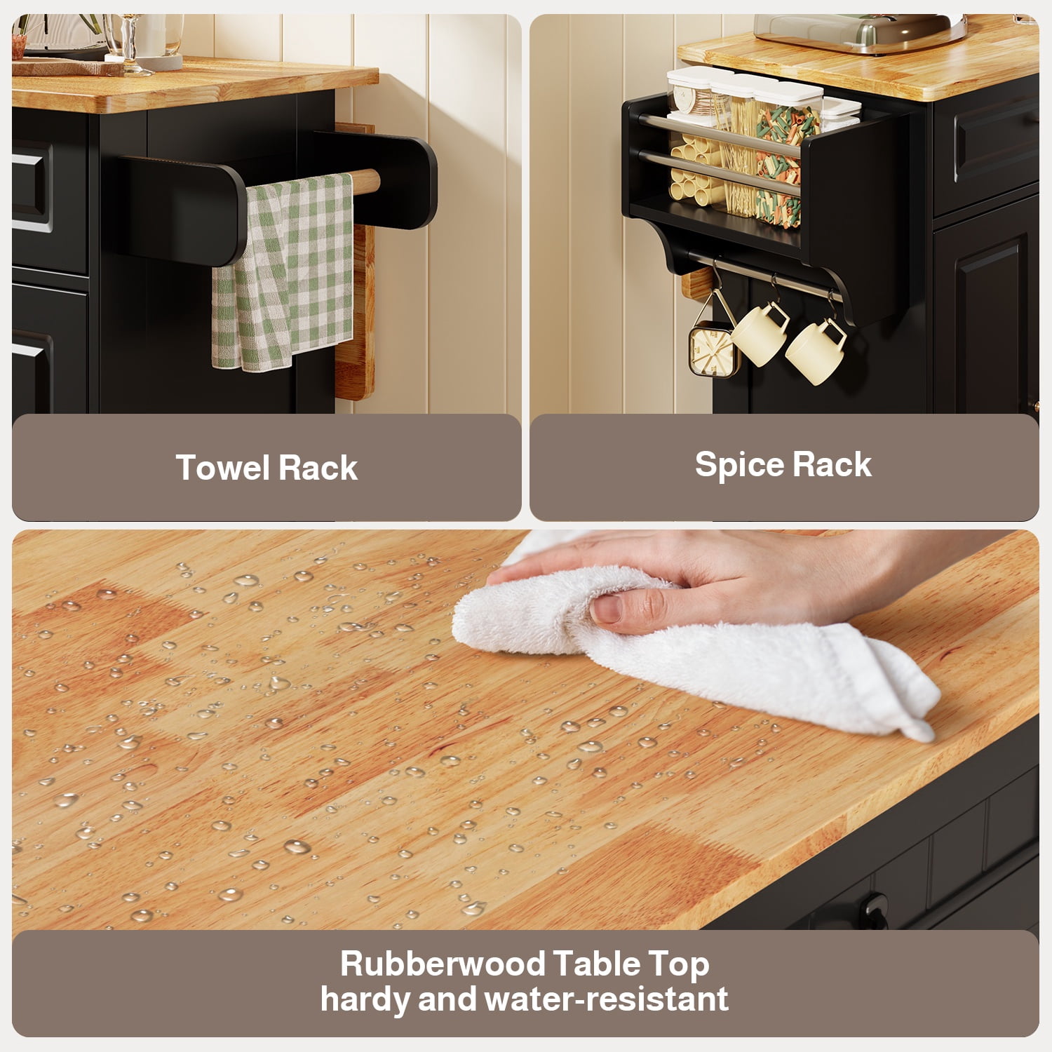 Noelse Rolling Kitchen Island Table with Storage, Drop Leaf Countertop, Kitchen Island with Rubber Wood Top, Cabinets & Rack, Black
