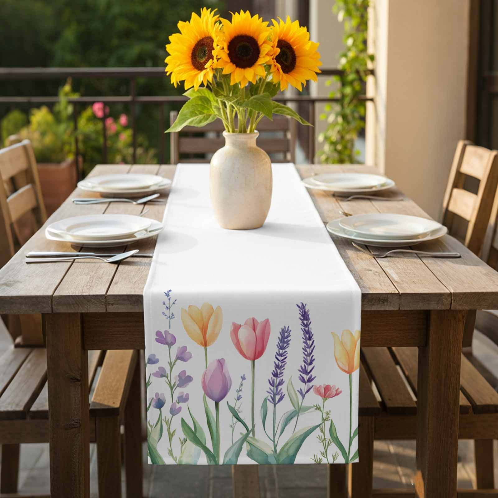 Spring Flower Cotton Linen Table Runner Watercolor Tulip Floral Leaf Botanical Dining Table Runners for Home Decor Party Dining Room Restaurant Kitchen 13" x 90"