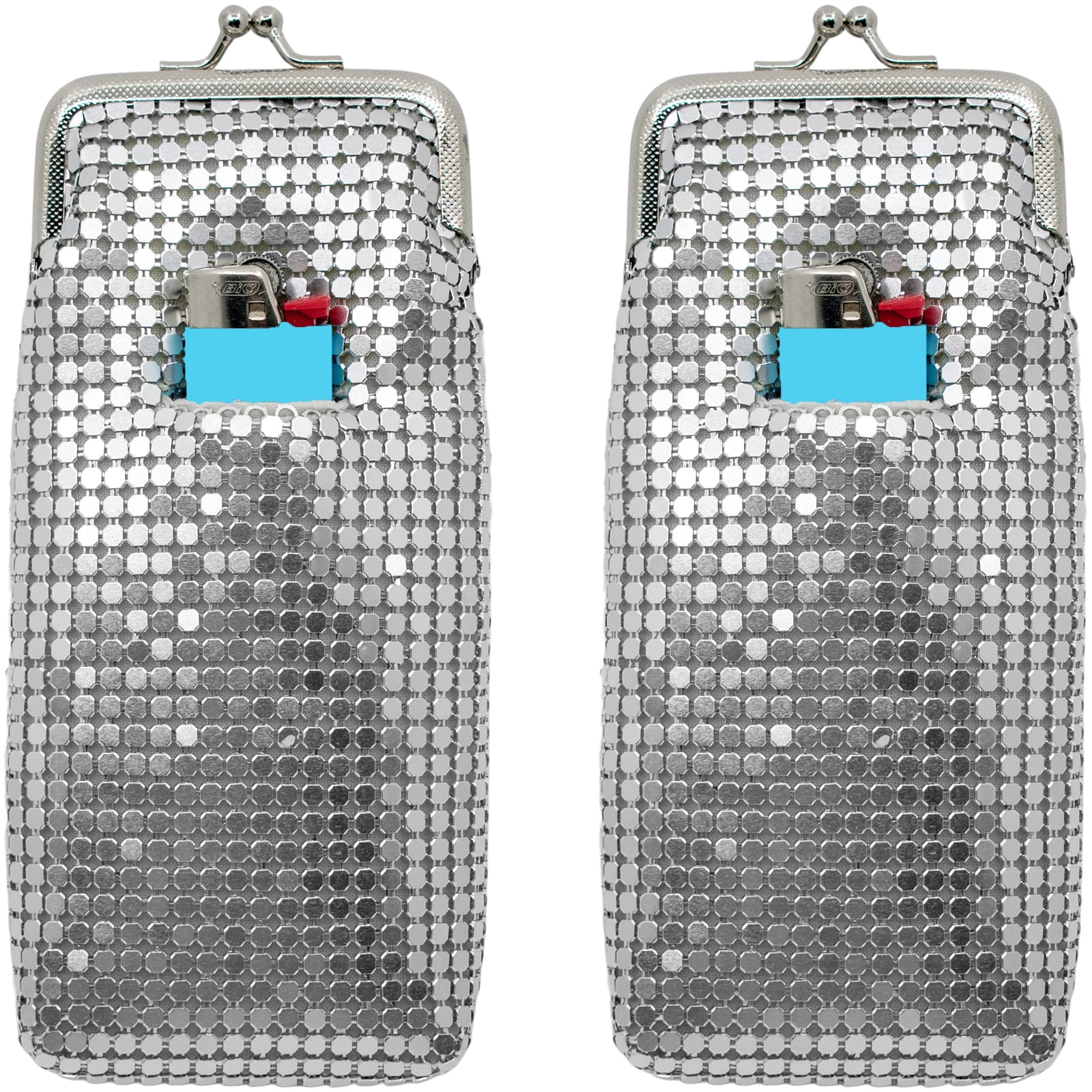Set of 2 Vintage Soft Metallic Mesh Long Cigarette Case Purses With Lighter Pocket (4mm, Silver)