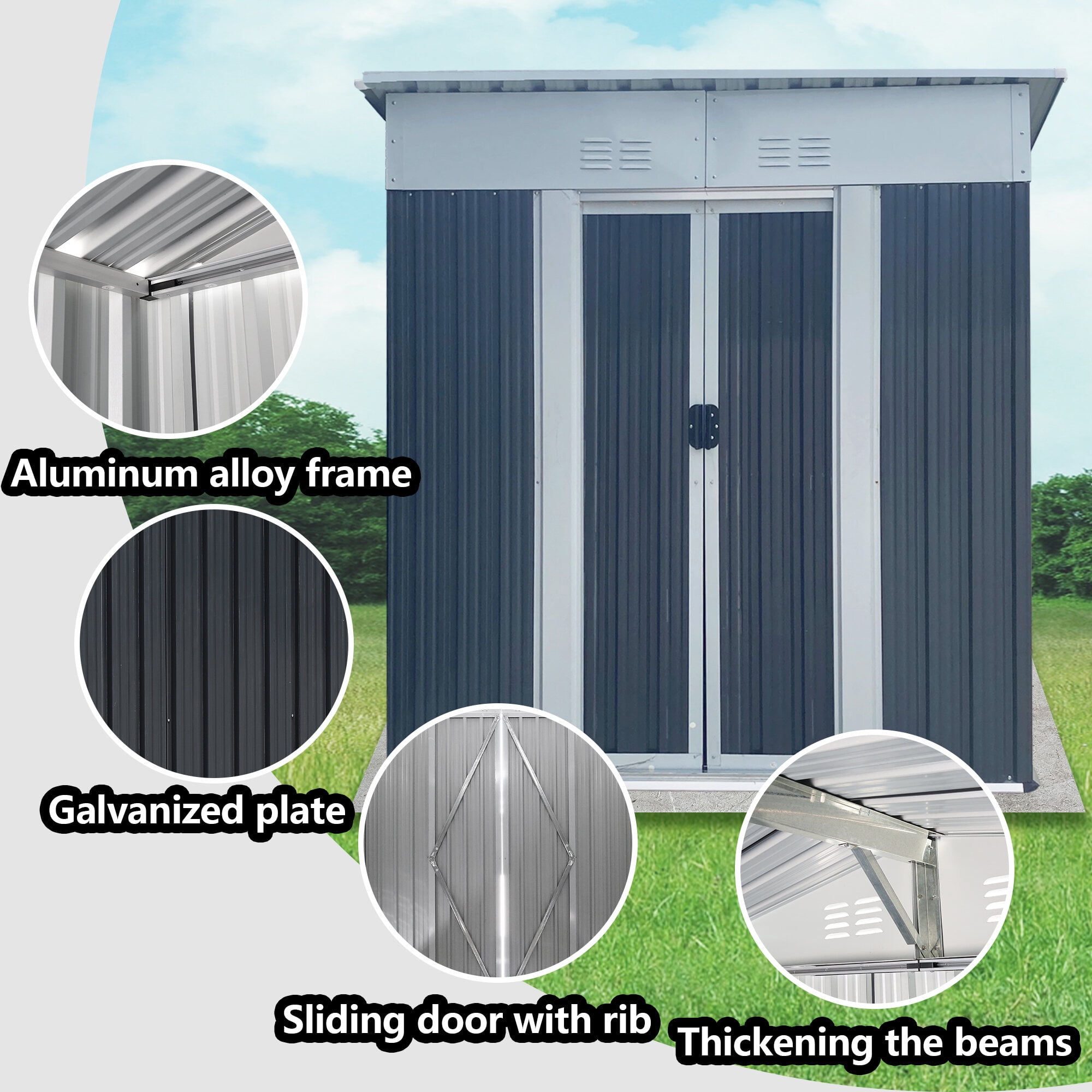 Outdoor Storage Shed 5FTx3FT Pent Roof Grey Outdoor Tool Bike Storage Garden Shed With Aluminum Alloy Frame And Sliding Door,Small Storage Shed