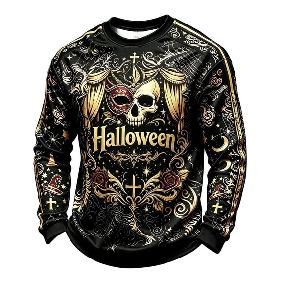 YNGKMEA Halloween Mens Long Sleeve Flannel Sweatshirt Crewneck Casual Tops Trendy Funny Skull Print Festival Pullover Shirts