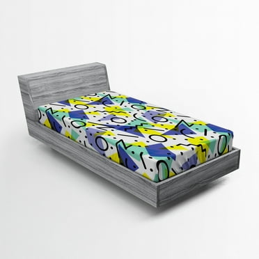 Ambesonne Modern Fitted Sheet, Geometric Retro Theme, Twin Size, Blue Yellow and Black