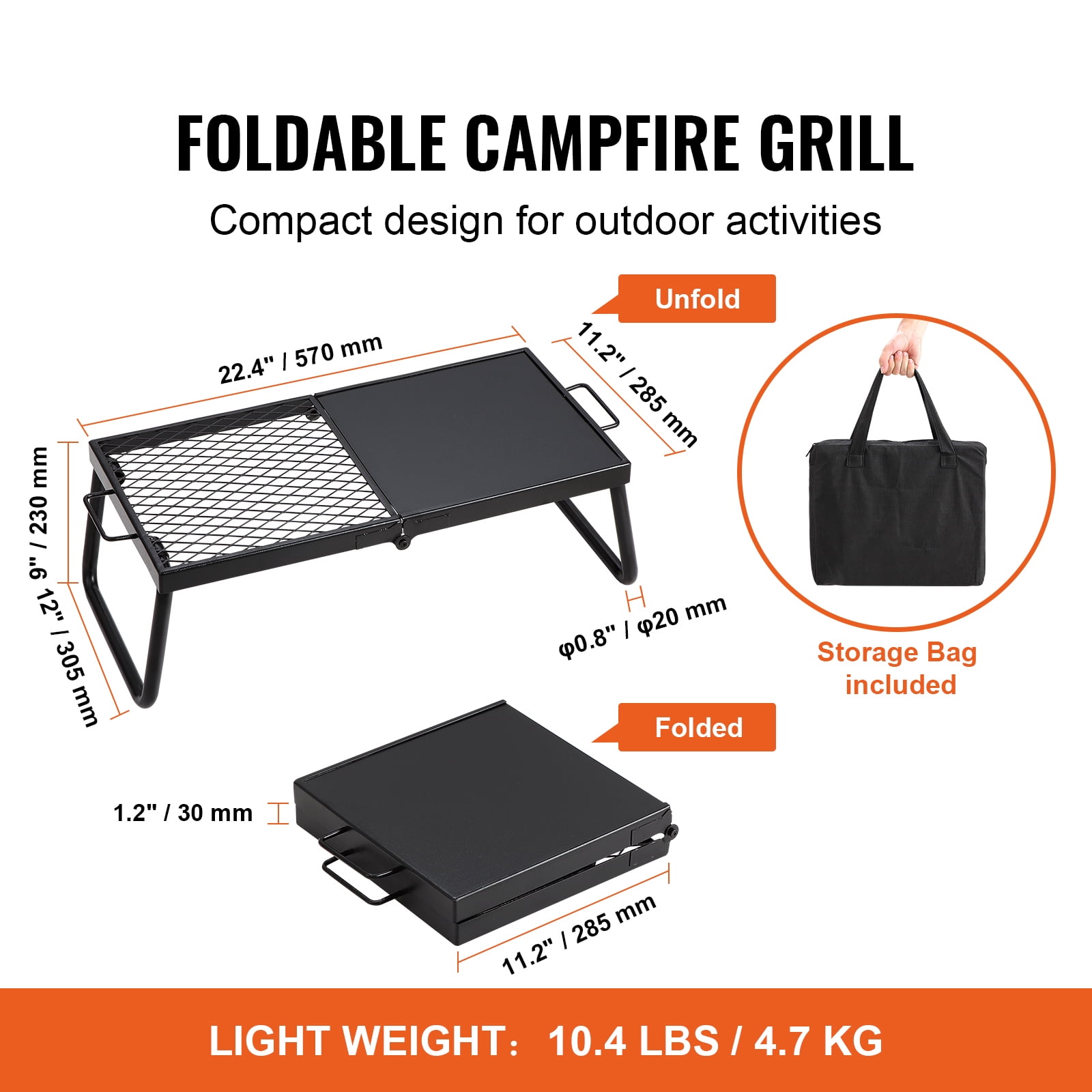 KFFKFF 22.4" x 11.2" x 9" Grill Portable Camping Fire Pit