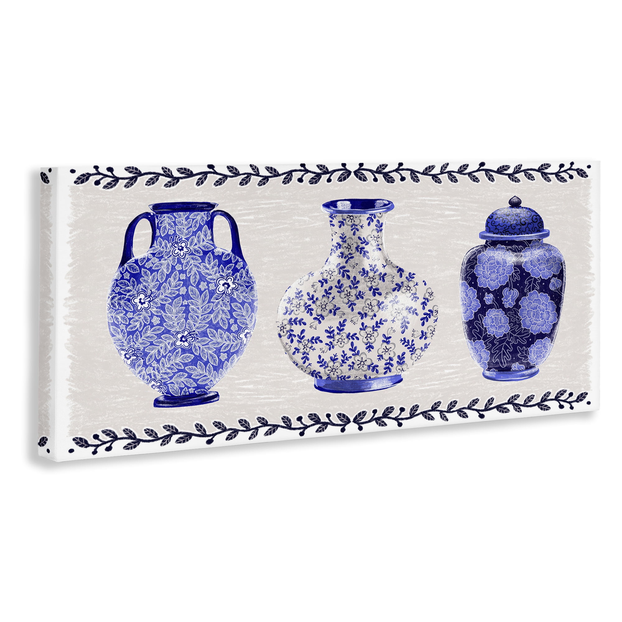 Stupell Industries Traditional Blue Vases Plants & Flowers Painting Wrapped Canvas Art Print Wall Art, 48 x 20