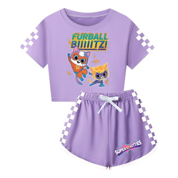 Girls SuperKitties Set – Cropped Top and Comfy Shorts – Kids Fun Summer Cartoon Cat Clothing
