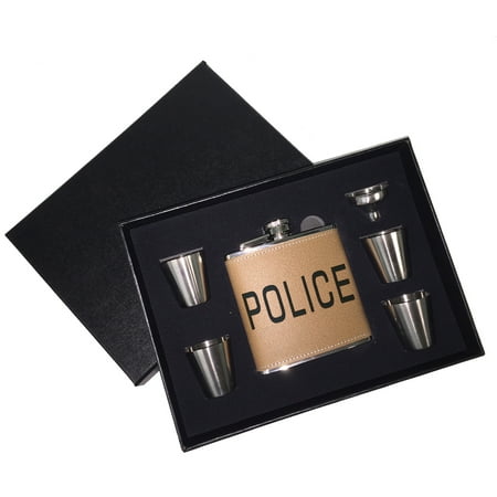 - KuzmarK 6 oz. Leather Flask Set in Black Presentation Box - Police