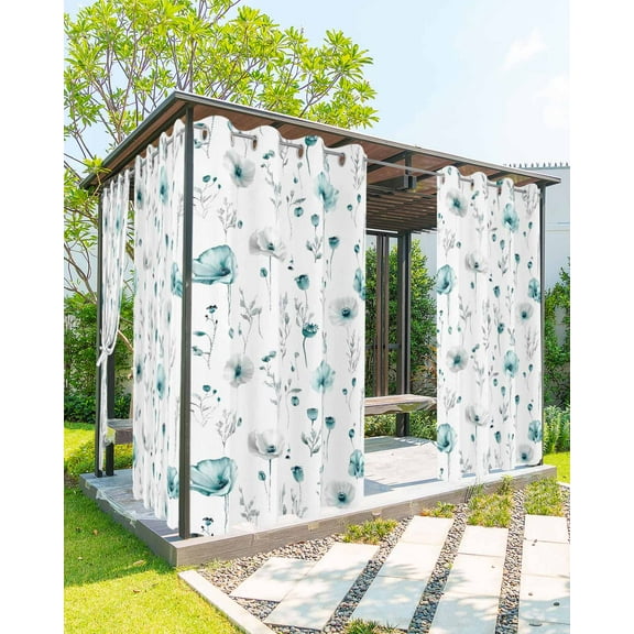 Outdoor Curtains for Patio, Turquoise Flowers Waterproof Blackout Outside Curtain for Porch/Pergola/Gazebo, Farmhouse Spring Botanical Floral Thermal Insulated Drapes, 2 Panels, 54 x 84 Inch