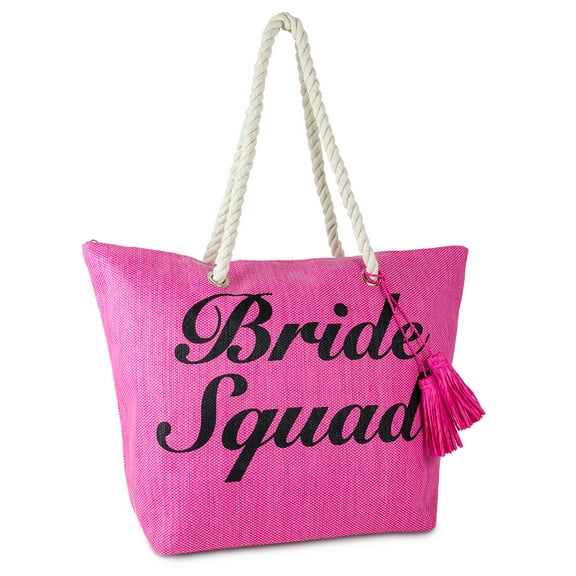 Women's Fuchsia Bride Squad Straw Beach Tote with Tassel and Rope Handle