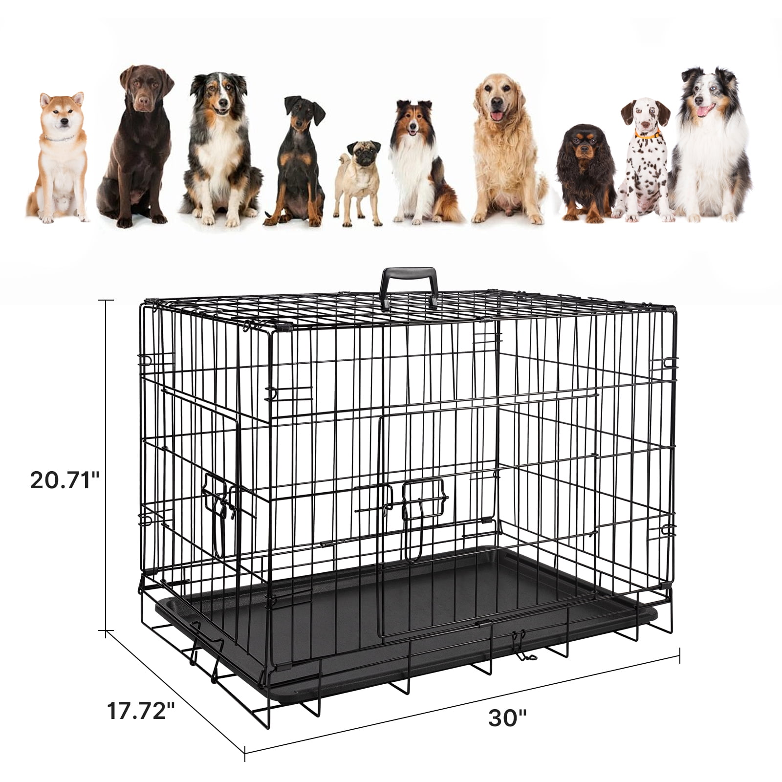 Zephypaws 30" Foldable Dog Crate for Small to Medium Dogs, Double Door Metal Wire Pet Cage Kennel with Plastic Leak-Proof Pan Tray