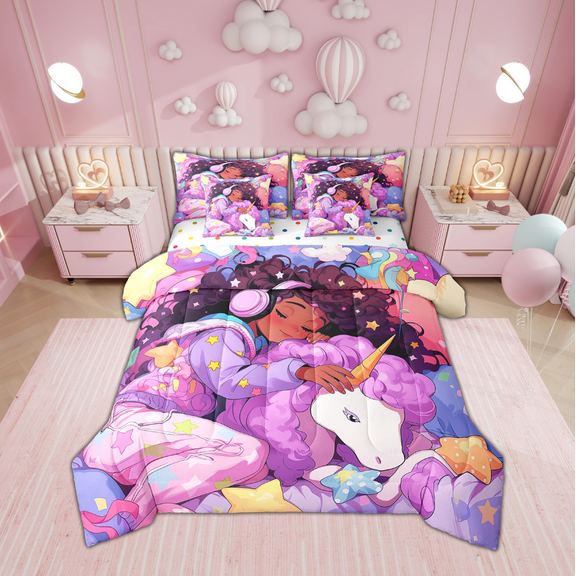 Afro Hair 7 Piece Comforter Set Full Bed in a Bag,Unicorn Cute Afro Melanin Princess Bedding Sets Cartoon Horse American Black Sheet Set with Comforter