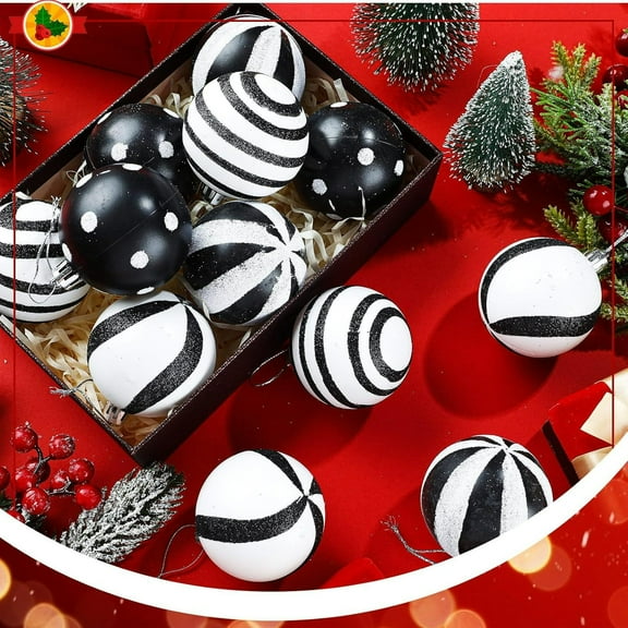 24 Pcs Christmas Black and White Ball Ornaments Xmas Plastic Stripe Dot Hanging Ball for Christmas Tree Party Decoration Supplies(1.18in)