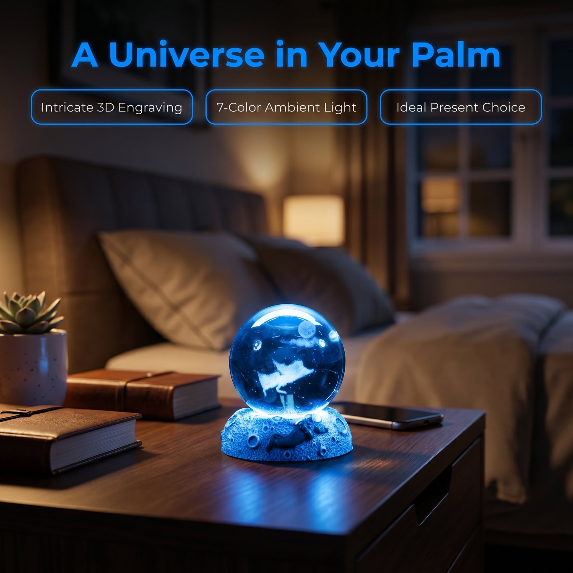 Unique Bargains Glowing Crystal Ball 3D Glass Ornament with LED Light Base Blue Style E