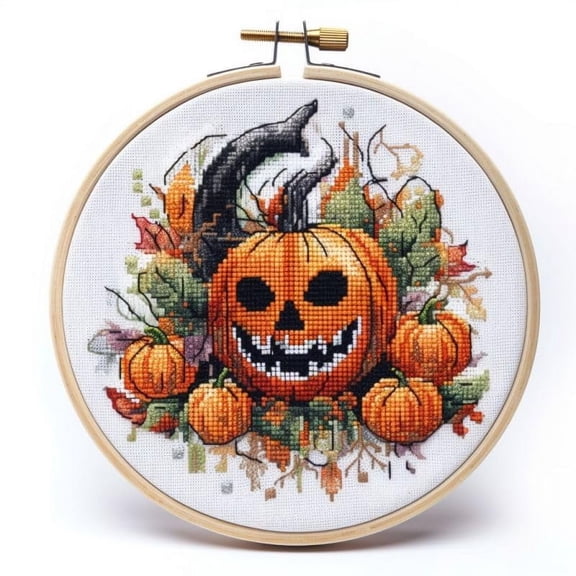 Counted Easy Cross Stitch Kits Halloween Pumpkin Color Stamped Embroidery for Starter Kits DIY 11CT Stamped Patterns Embroidery Needlework Kit Supplies 12 Inch Hoop Included(38-X)