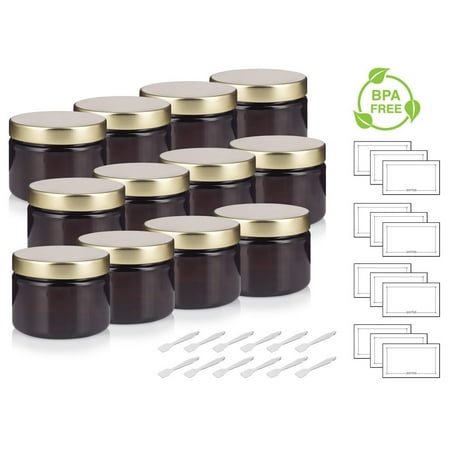 Amber Leaf Metal Box Amber PET Plastic (BPA Free) Refillable Low Profile Jar with Gold Metal Lid - 3 oz (12 pack) + Spatulas and Labels ()