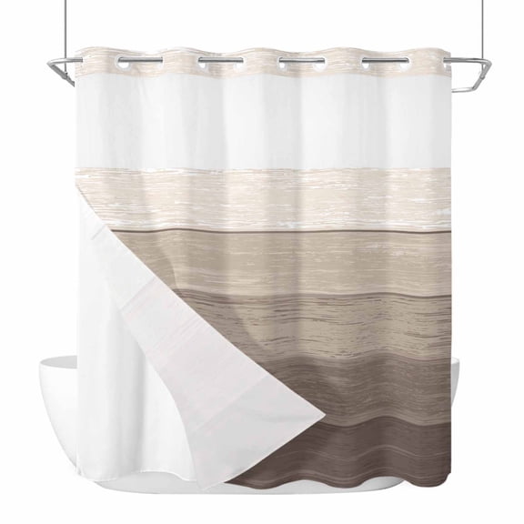 No Hook Shower Curtain, Brown Beige Ombre Long Bathtub Curtains with Snap in Liner, Farmhouse Vintage Wooden Striped Waterproof Washable Fabric Bathroom Curtain Sets, 72"W x 78"L