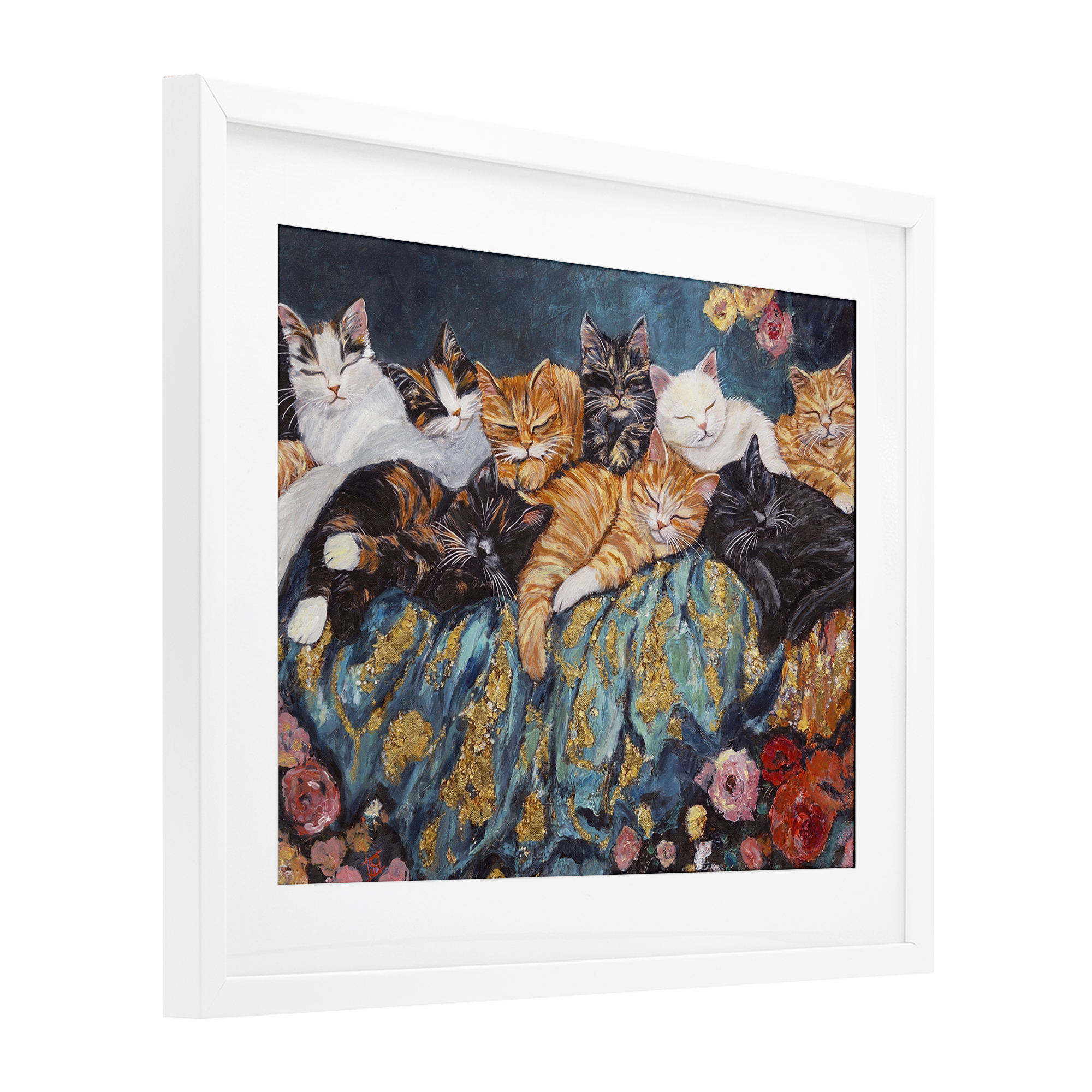 Sleepy Kitty Crowd with Flowers White Framed Print Under Glass, design by Sara Culpepper