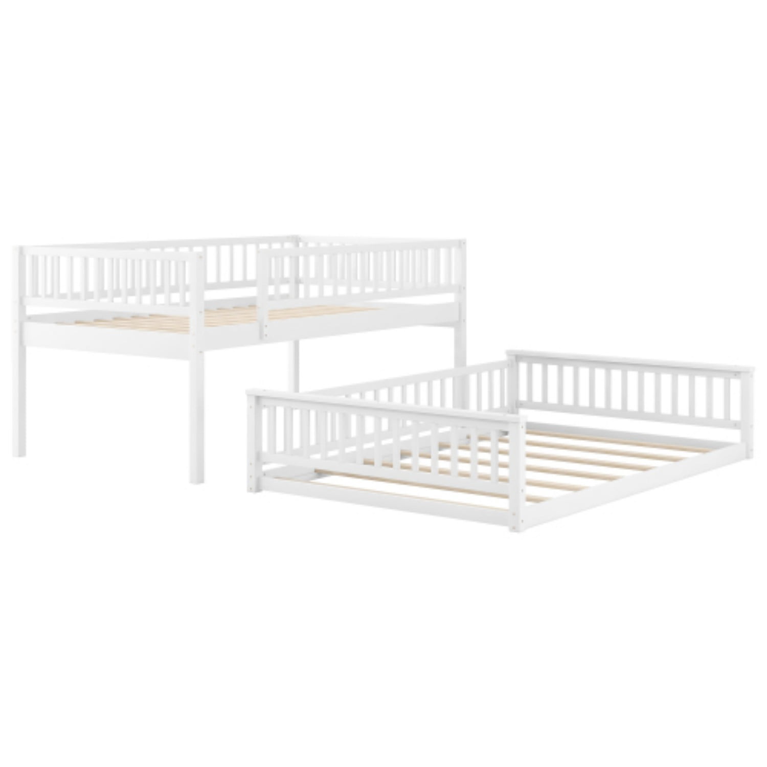 Full XL Over Queen Bunk Bed with Ladder, Convertible Wood Bunk Bed Frame with Safety Guardrails, Solid Pine Wood Space Saving Bed for Bedroom, White