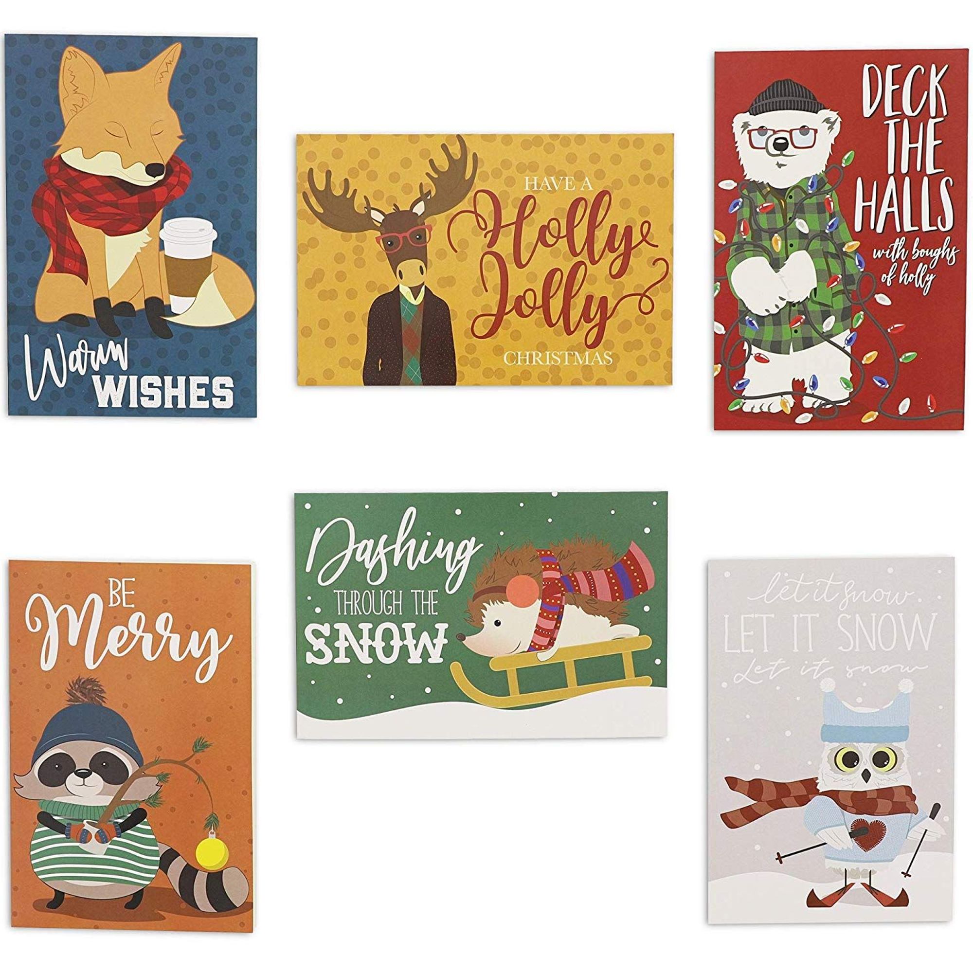 48 Pack (8 of Each) Cute Woodland Animal Christmas Cards with Envelopes, 4 x 6 inches, 6