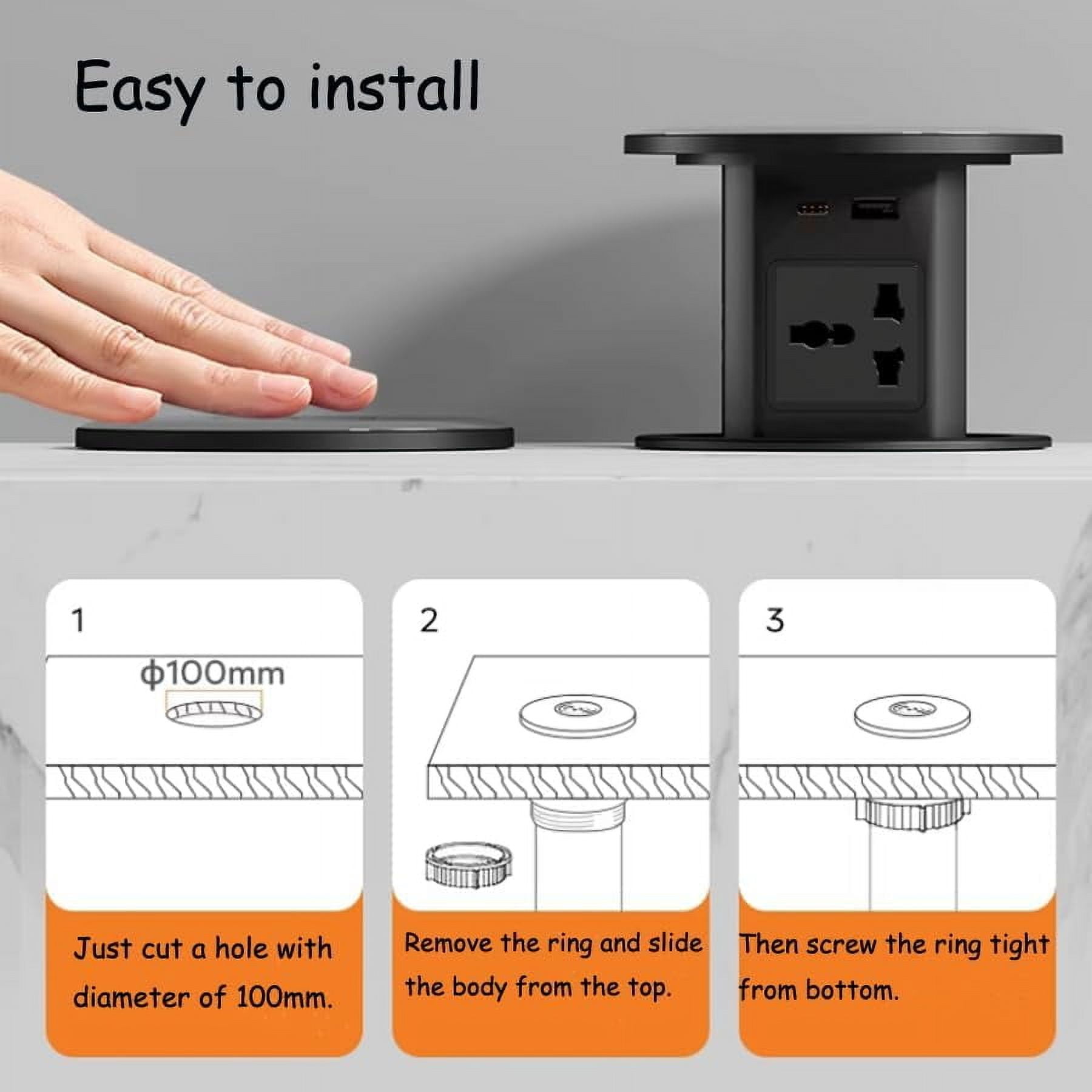 Pop Up Outlet, Automatic Hidden Power Strip with 15W Wireless Charger, 4 AC Outlets Plug with 2.1A USB and PD 20W Type-C Rapid Charge Stations for Countertop Kitchen Conference Workbench