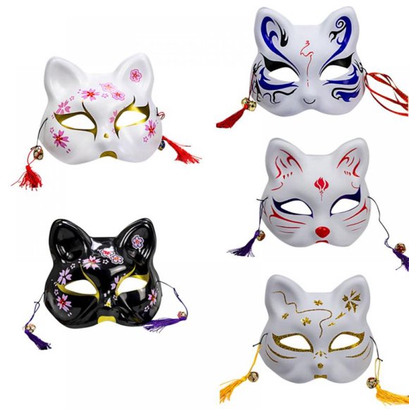 Greyghost Halloween Fox Mask with Tassels & Bell, Unisex Creative Cosplay Hand Painted, for Masquerade Ball Party, Wall Decoration, Kabuki Cosplay Costume Accessories, for Adults Kids