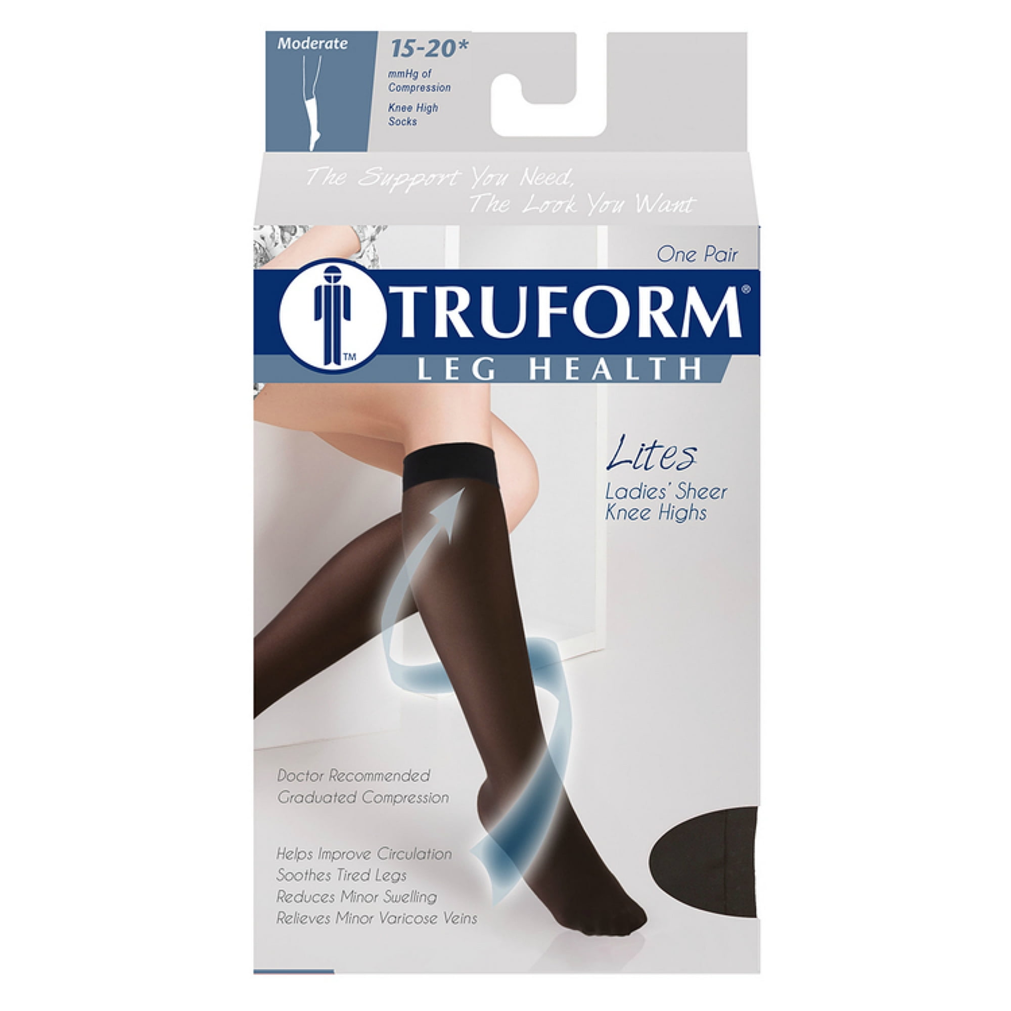 Truform Sheer Compression Stockings, 15-20 mmHg, Women's Knee High Length,  20 Denier, Nude, Large