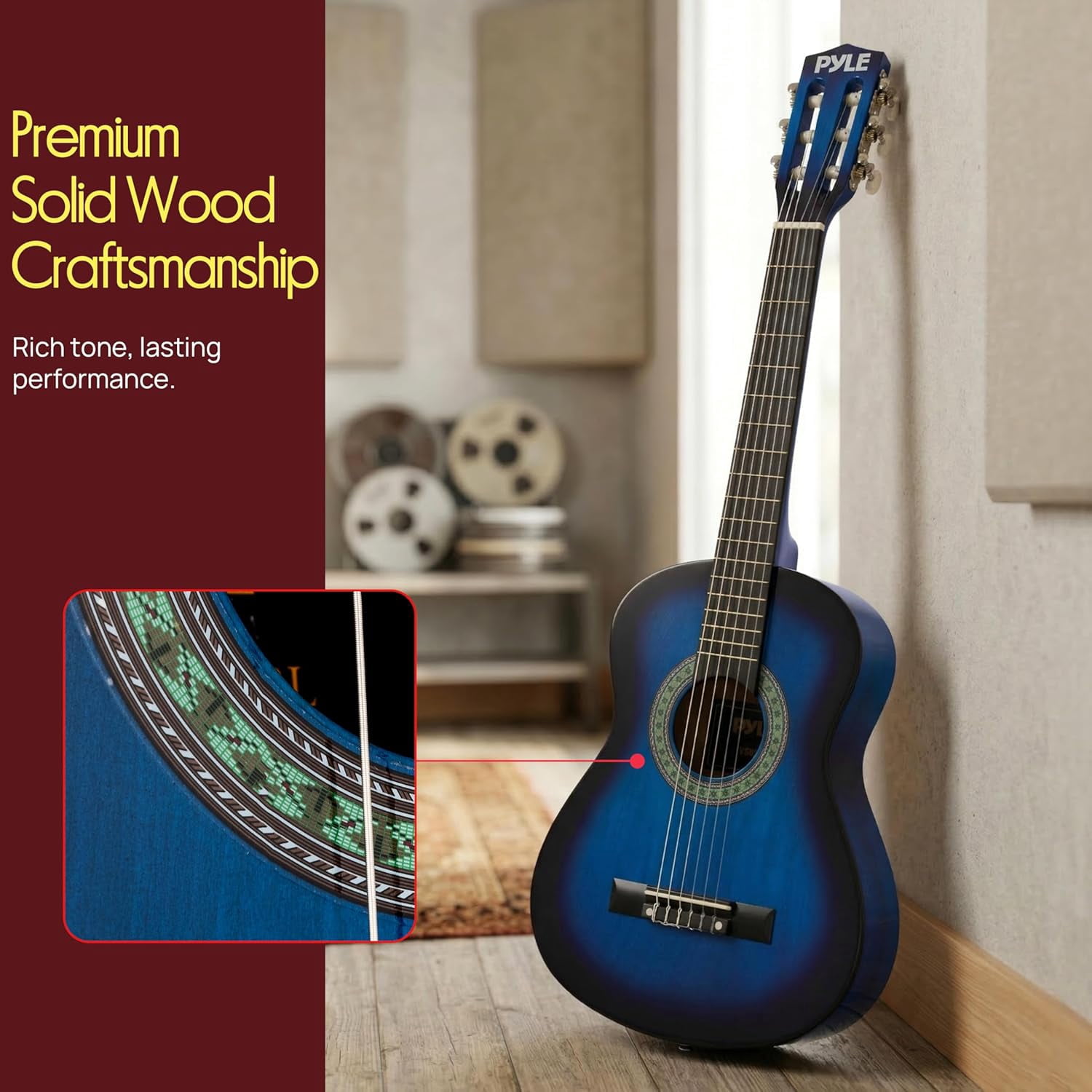 Pyle Beginner 6-String Acoustic Guitar Kit – Full-Size Guitar with Picks, Strap, Tuner & Gig Bag, Complete Starter Set for Easy Learning (Blue)