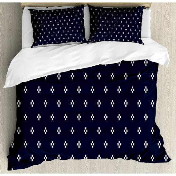 Indigo Duvet Cover Set, Square Shapes on Dark Blue Backdrop Navy Inspired Pattern Print, Decorative 3 Piece Bedding Set with 2 Pillow Shams, King Size, Dark Blue and White, by Ambesonne