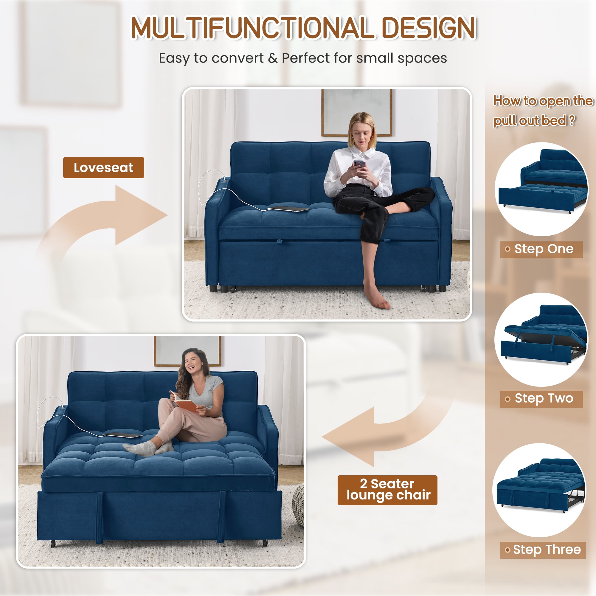 Lunale Pull Out Sofa Bed, Loveseat Sleeper with USB/Type-C, Adjust Back, Convertible Sleeper Sofa for Living Room/Apartment, Blue Velvet