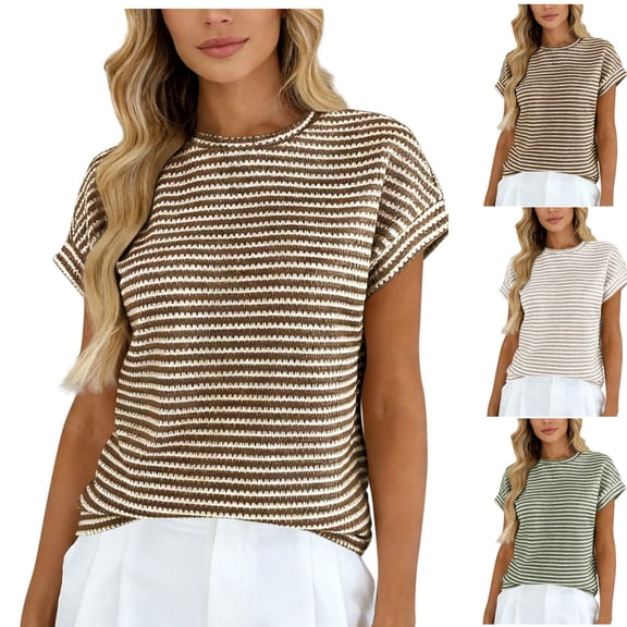 Bixock Summer Women's Tops,Shirts for Women,Blouse for Women Solid Color Crew Neck Knit Short Sleeve Slim Casual Soft Tops