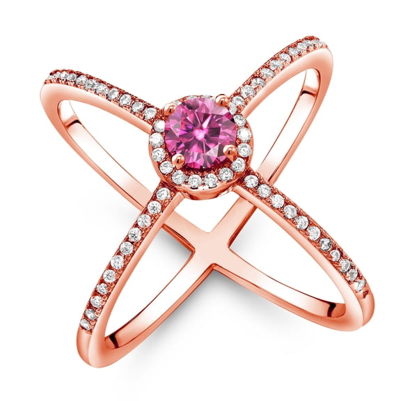 Gem Stone King 18K Rose Gold Plated Silver Criss Cross X Ring Round Pink Moissanite and (1.32 Cttw, Size 6)