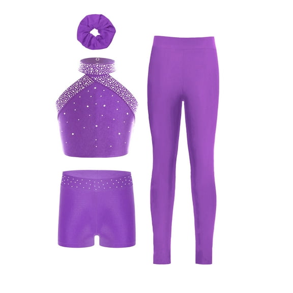 Miutii Kids Girls Figure Skating Gymnastics Outfits Halter Neck Vest with Shorts Leggings and Hairband Tracksuit Set Purple 12