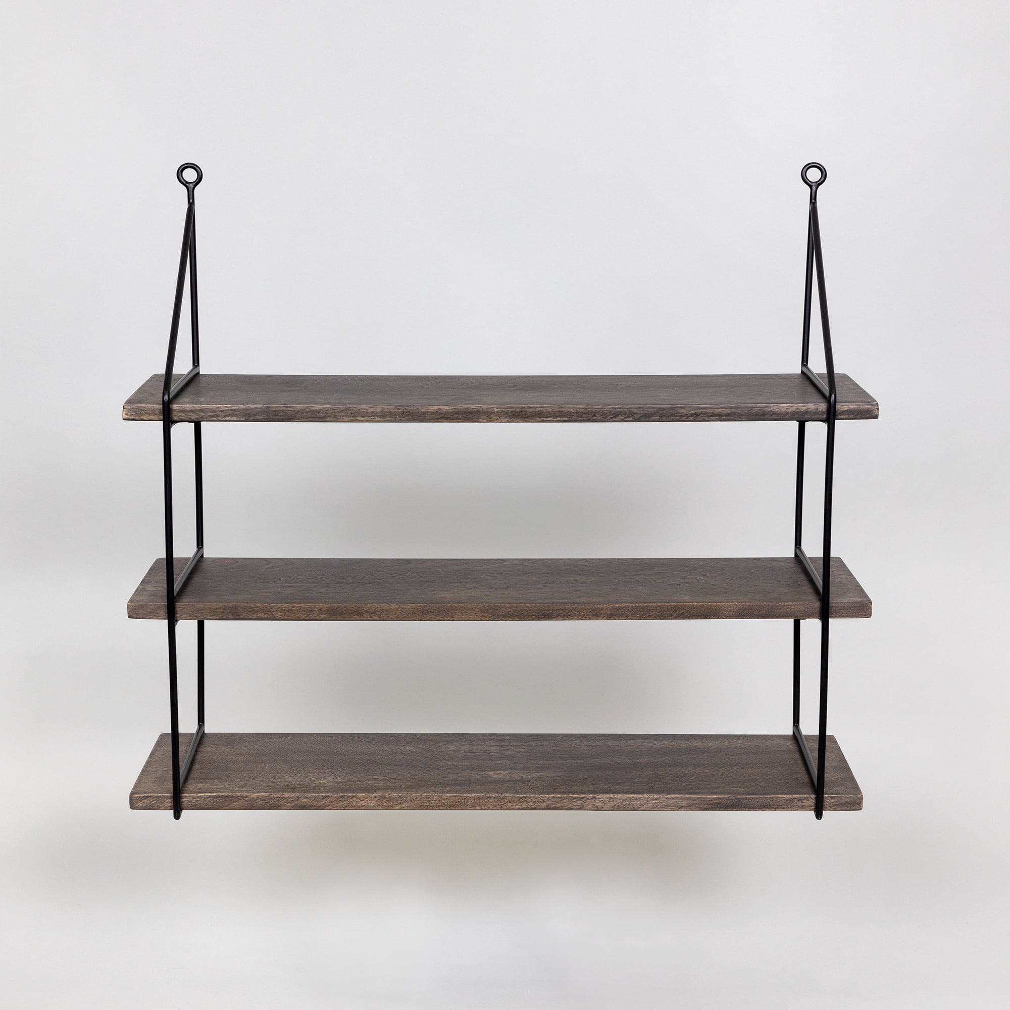 Set of 2 Assorted-Size Mango Wood and Metallic-Frame Hanging Wall Shelves 