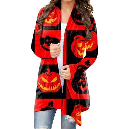 

2022 Women s Halloween Cardigan Pumpkin Cat Ghost Printed Long Sleeves Open Front Plus Size Sweater Coat Tops