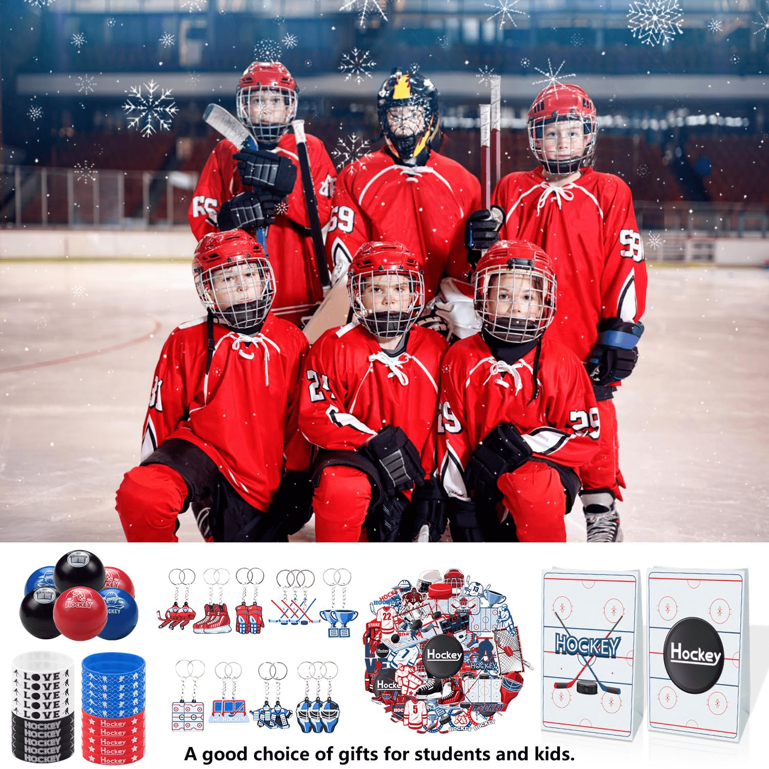 Hockey Party Favors 130Pcs Hockey Party Supplies Foam Hockey Balls, Silicone Wristbands, Hockey Theme Stickers, Hockey Theme Gift Bags, Hockey Keychains, Gifts for Kids Students