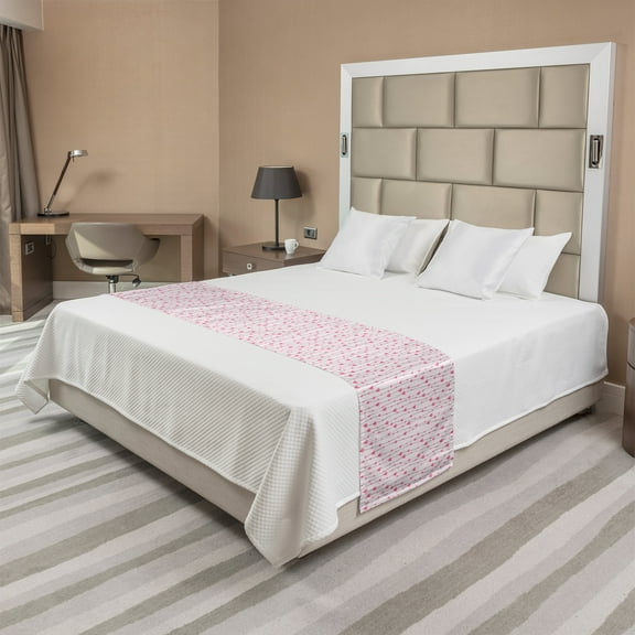 Vintage Valentine Bed Runner, Hearts and Rounds on Curvilinear Lines, Decorative Accent Bedding Scarf for Hotels Homes and Guestrooms, King, Pale Pink Pink, by Ambesonne