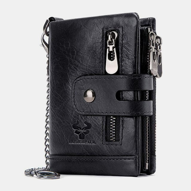 Portefeuille pour Hommes en Cuir Véritable RFID Anti-Numérisation Anti-Vol à Fermeture Éclair avec Chaîne - Brun