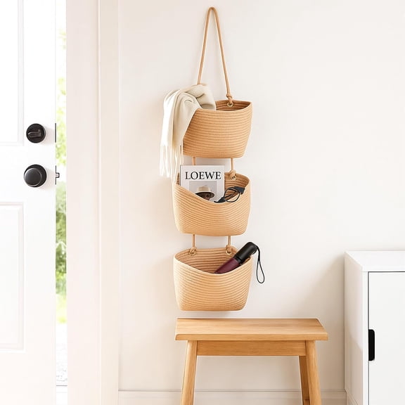 ShellKingdom Over The Door Hanging Basket, 3-Tier Wall Mount Storage Baskets Organizer with 6PCS Hooks for Home Office Bedroom Door Wall Decorative Bag (Jute)