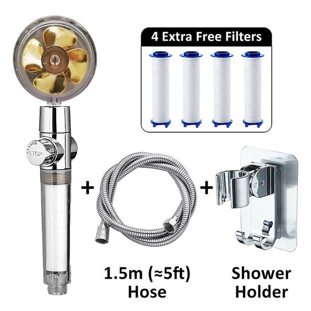 Cabezal de ducha de hélice, conjunto de alta presión, rotación de 360° con 1 filtro de agua libre, ventilador dorado, turbocompresor, lluvia pura, helix, ducha ecológica