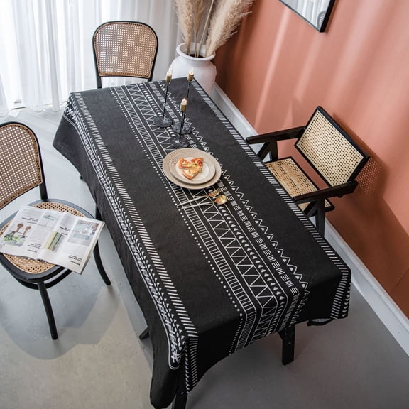 Cotton Linen Tablecloth Bohemian Geometric Print Table Cloth Wrinkle Free Washable Table Cover for Party Kitchen Picnic Dining Room (Black, Rectangle140*180cm）