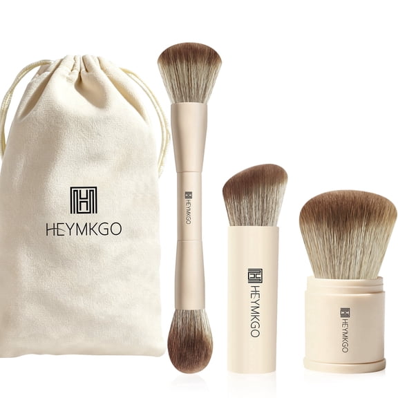 HEYMKGO 3Pcs Travel Makeup Brush Set – Retractable Kabuki Foundation Brush, Dual-Ended Contour/Highlighter & Angled Blush Brush with Pouch (Beige)