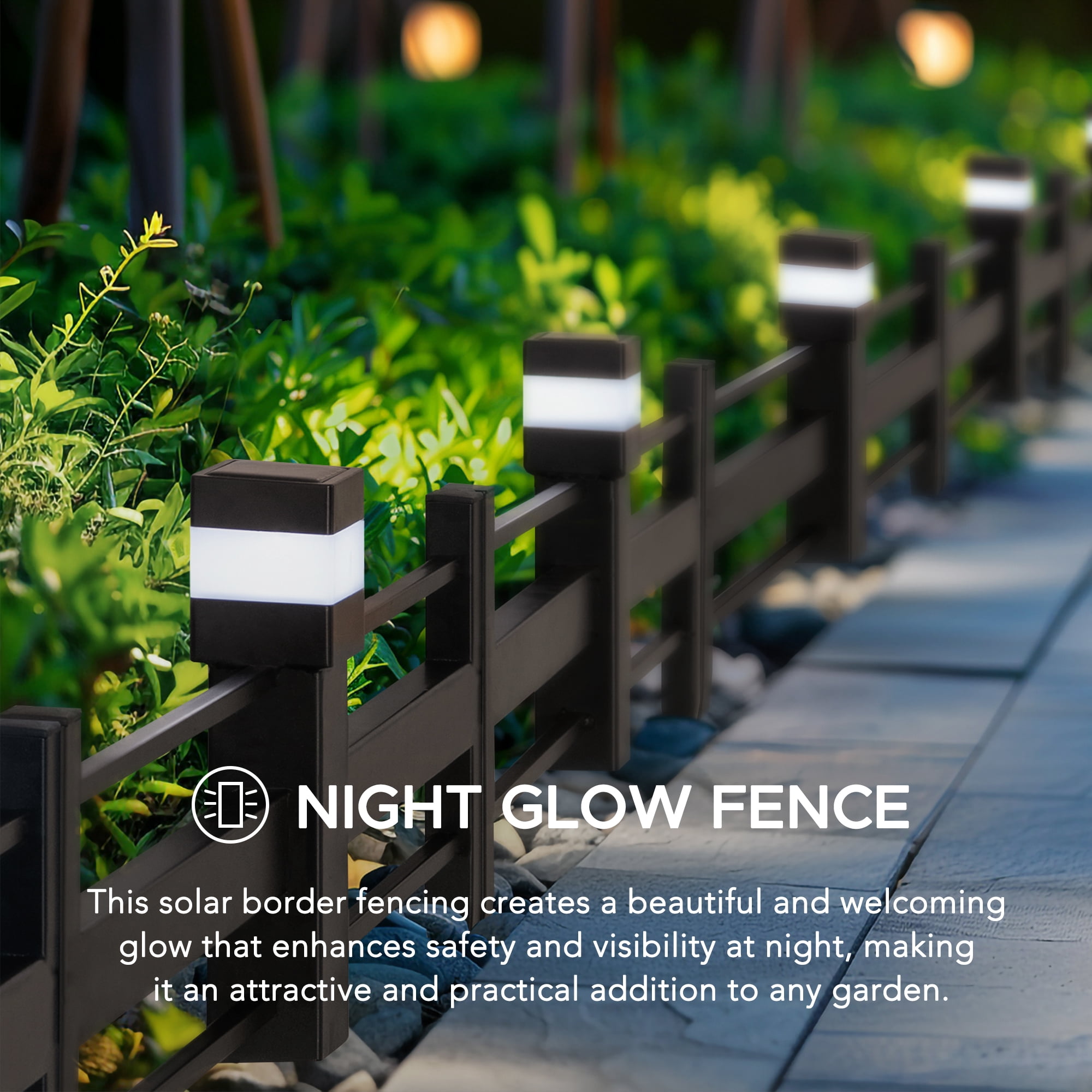 SUNJOY Garden Fence Solar Border Fencing with Waterproof LED Path Lights, Metal Strip Pattern Fence Panel Outdoor Decorative Garden Fences(5PK), Brown